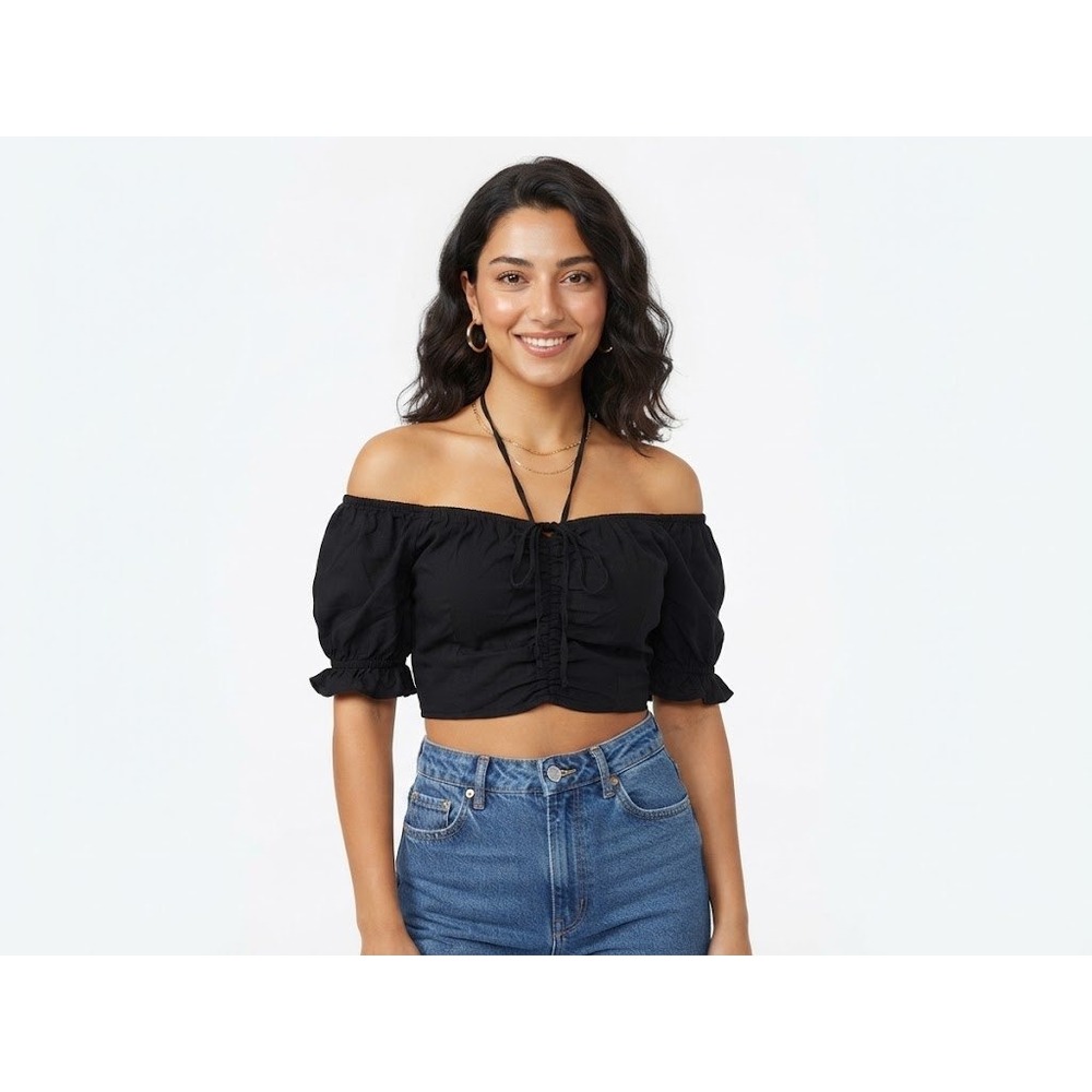 Wild Fable Crop Top Womens Medium Black Excellent Smocked Puff Sleeve Halter Tie